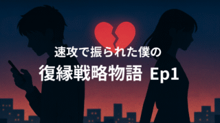 復縁戦略物語のアイキャッチ。背中合わせの男女と割れたハートに差す光が希望を表す。