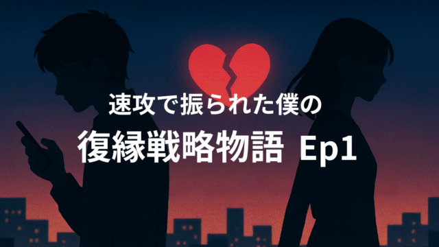 復縁戦略物語のアイキャッチ。背中合わせの男女と割れたハートに差す光が希望を表す。