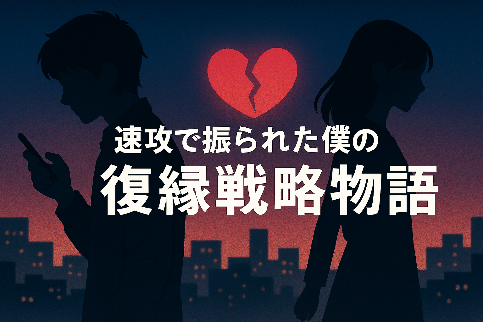 復縁戦略物語のアイキャッチ。背中合わせの男女と割れたハートに差す光が希望を表す。