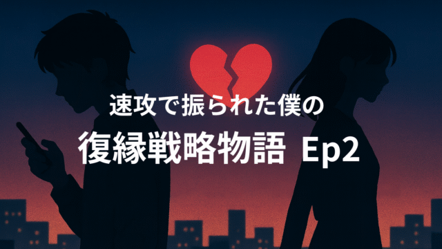 復縁戦略物語のアイキャッチ。背中合わせの男女と割れたハートに差す光が希望を表す。