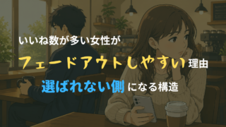 マッチングアプリでフェードアウトをテーマにしたイラスト風アイキャッチ画像。カフェでスマホを操作する女性と、後ろ姿の男性が描かれている。