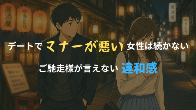 夜の居酒屋街を歩く男女を描いたアイキャッチ画像。スマホを見ながら歩く女性と、違和感を感じた表情で女性を見る男性が描かれている。