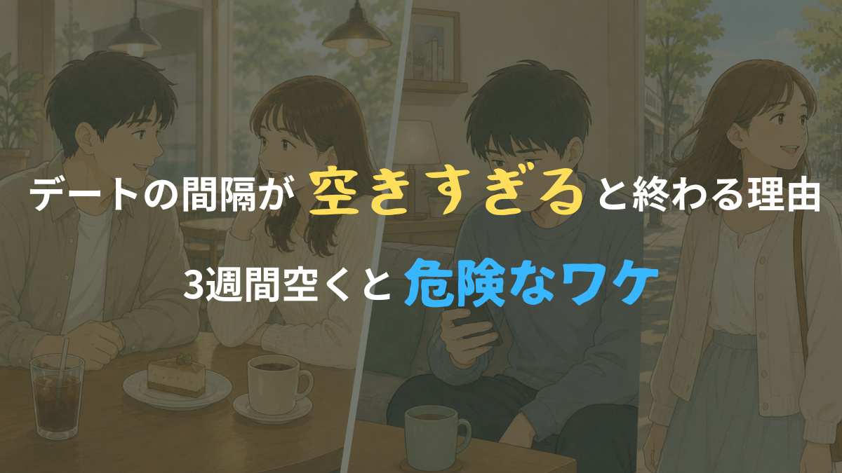 デートの間隔が空く恋愛をテーマにしたイラスト風アイキャッチ画像。楽しそうに話す過去の男女と、距離ができた現在の男女が対比で描かれている。
