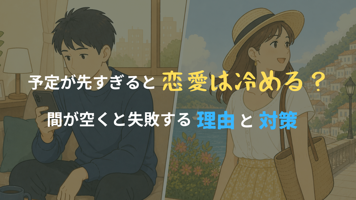 予定が先すぎて会うまでに間が空く状況を表した、家でスマホを見る男性と旅行を楽しむ女性の対比イラスト