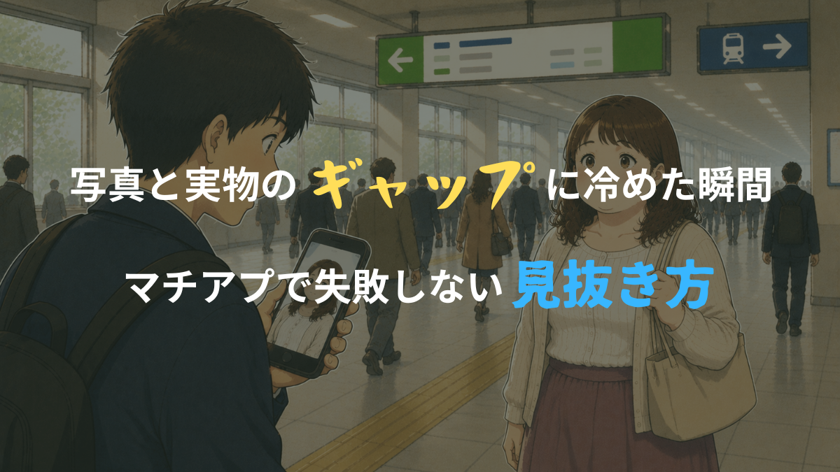 マッチングアプリの待ち合わせで、スマホで見ていた写真と実物の女性のギャップに戸惑う男性を描いたイラスト。