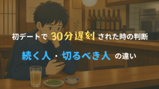 居酒屋のカウンターで男性がスマホを見ながら遅刻を待ち、判断に迷っている様子のイラスト