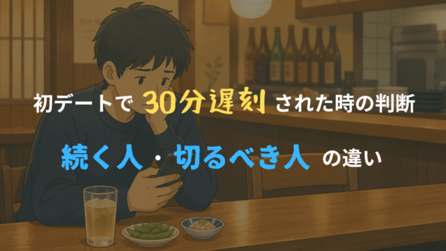 居酒屋のカウンターで男性がスマホを見ながら遅刻を待ち、判断に迷っている様子のイラスト