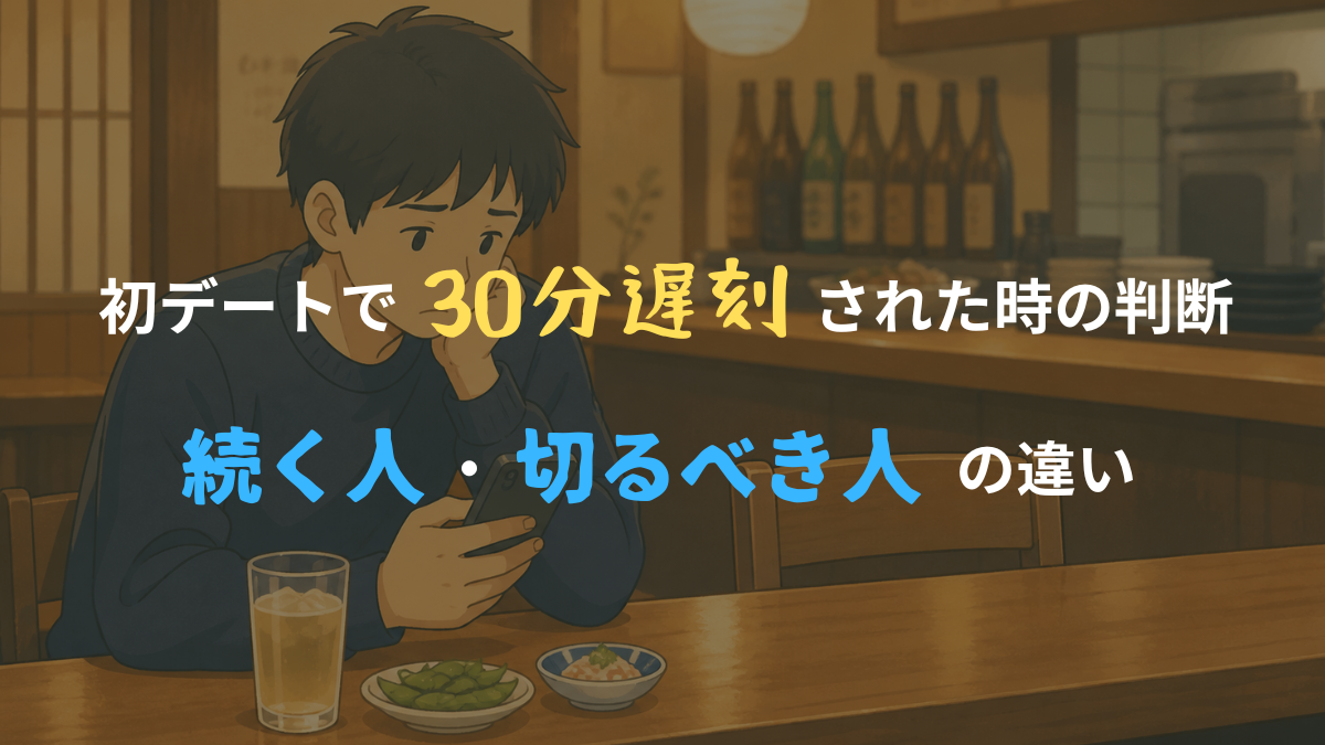居酒屋のカウンターで男性がスマホを見ながら遅刻を待ち、判断に迷っている様子のイラスト