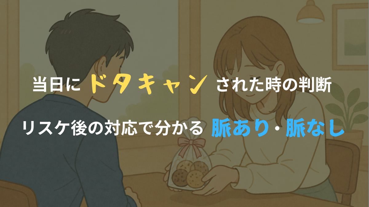 カフェで女性がお詫びのお菓子を渡し、ドタキャン後のデートで関係を修復しようとしている様子のイラスト
